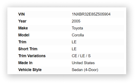 Vehicle Specifications Samples