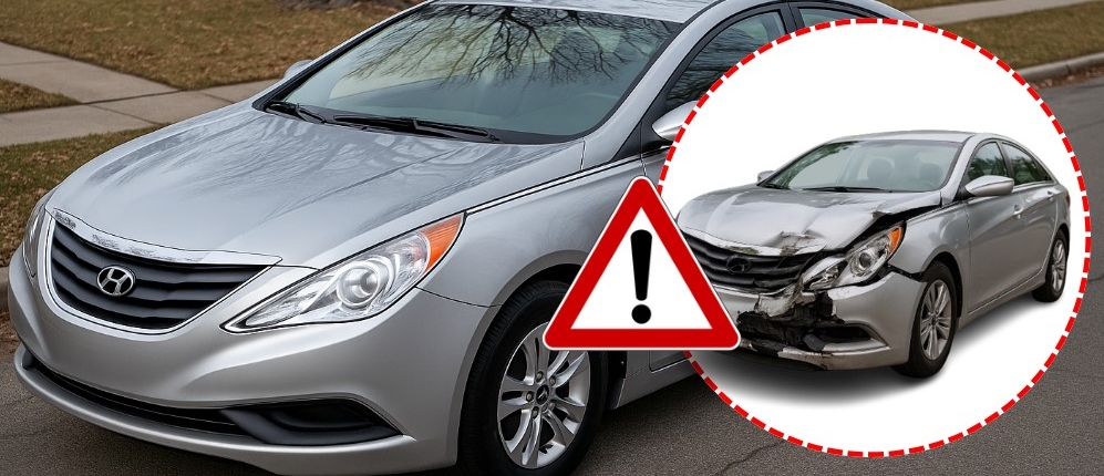 A silver Hyundai sedan shown in good condition with an inset image highlighting front-end accident damage and a warning symbol
