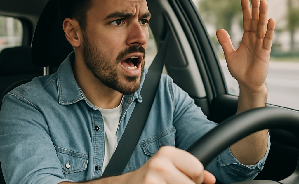 Frustrated driver showing signs of road rage inside a car in urban Canada