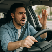 Frustrated driver showing signs of road rage inside a car in urban Canada