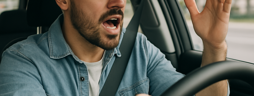 Frustrated driver showing signs of road rage inside a car in urban Canada