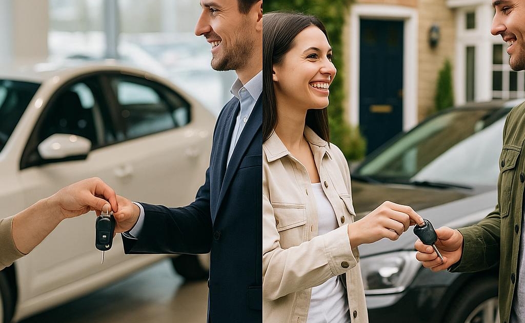 Split-screen photo comparing how to sell your car in Canada — dealer transaction in a showroom versus private sale in a residential setting.
