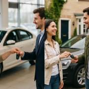 Split-screen photo comparing how to sell your car in Canada — dealer transaction in a showroom versus private sale in a residential setting.