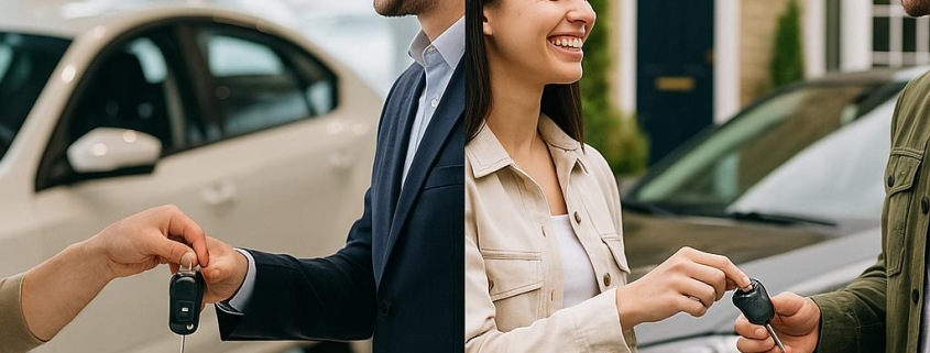 Split-screen photo comparing how to sell your car in Canada — dealer transaction in a showroom versus private sale in a residential setting.